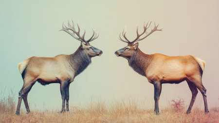 Two elk with impressive antlers stand facing one another in a serene grassland. The warm colors of the evening sky provide a beautiful backdrop for this peaceful encounter.の素材