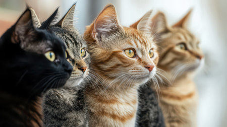 Four cats of different breeds rest side by side, gazing out a window. Their unique fur patterns and curious expressions reflect the warm afternoon sunlight streaming in.の素材