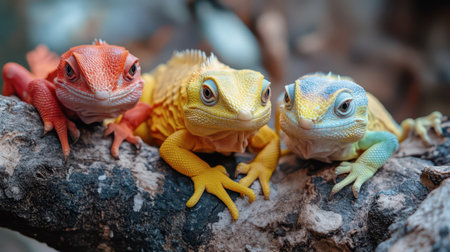 Three vibrant lizards with red, yellow, and blue hues sit comfortably on a branch, surrounded by a rich, green backdrop in their natural habitat, capturing the beauty of wildlife.の素材