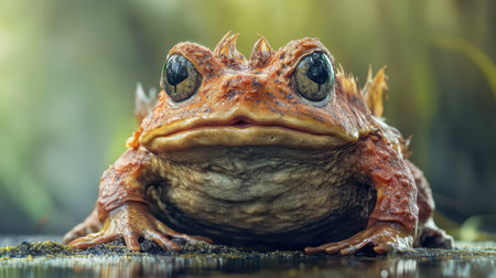 A richly textured frog sits on a damp surface, showcasing its distinctive features surrounded by greenery. The scene captures the beauty of wildlife in a serene environment.の素材