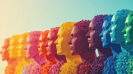 A vibrant display of human figures, each uniquely colored, stands in a row against a clear blue sky. The artwork showcases a spectrum of hues, highlighting diversity and creativity.の素材
