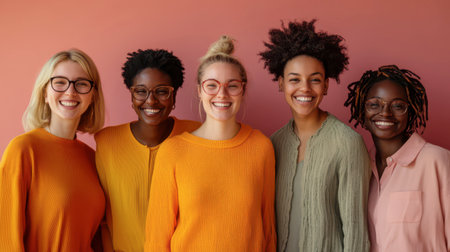 Five women with varying hairstyles and skin tones stand side by side, smiling brightly in front of a warm, colorful wall. They exude joy and friendship in this lively setting.の素材
