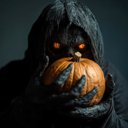 A cloaked figure with glowing orange eyes cradles a carved pumpkin on a dark background. The atmosphere evokes an eerie Halloween vibe, blending mystery and tradition.の素材
