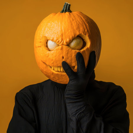 A figure dressed in black holds a carved pumpkin with an eerie expression, creating a striking contrast against a bright yellow background, perfect for Halloween festivities.の素材