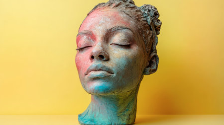 A striking sculptural bust depicts a woman with closed eyes, showcasing soft colors. The artwork stands out against a bright yellow background, highlighting its detailed features and textures.の素材
