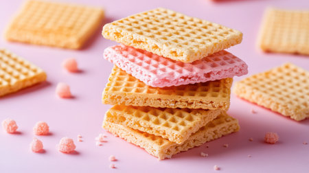 A stylish arrangement of yellow and pink wafers is stacked in a playful manner on a vibrant pink surface. Surrounding pieces add to the delightful confectionery display.の素材