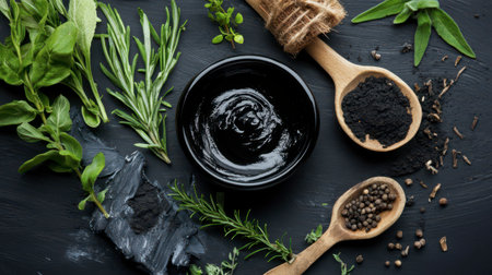 A variety of fresh herbs and activated charcoal powder surround a bowl of dark skincare mixture, showcasing a blend of nature's best for beauty treatments on a rustic wooden backdrop.の素材