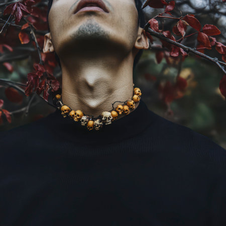 A striking figure stands amidst vibrant autumn foliage, showcasing an intricate necklace of skulls. The contrast of nature and bold accessory creates an eerie yet captivating atmosphere.の素材