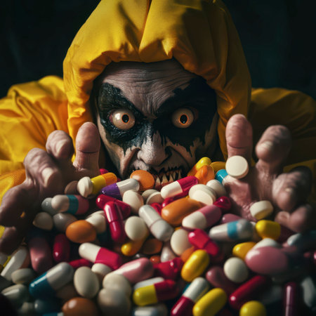 Under a dim light, a sinister figure cloaked in yellow eagerly extends hands toward a vibrant pile of pills, creating an eerie contrast against the dark backdrop, evoking a sense of unease.の素材