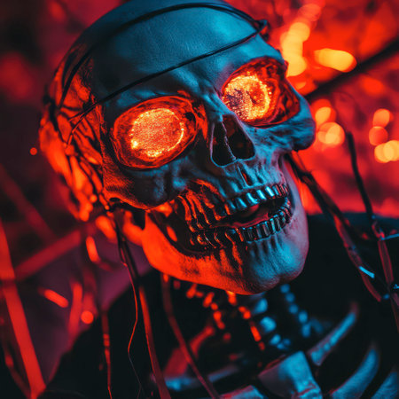 A striking skeletal figure with glowing eyes stands amidst vibrant red lighting. The atmosphere is eerie yet captivating, invoking feelings of the supernatural and Halloween.の素材