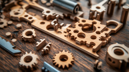 A captivating arrangement of wooden gears and mechanical components lies atop a rustic workbench, showcasing an intricate design that invites curiosity and creativity.の素材