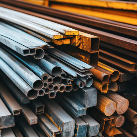 Sunlight casts a warm glow on a vibrant collection of metal beams and pipes, each with unique shapes and textures, neatly stacked in a construction yard, ready for upcoming projects.の素材