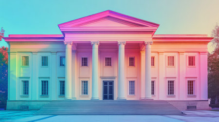 As the sun sets, it bathes the historic building in a spectrum of colors, highlighting the elegantly arranged columns and grand entrance. The enchanting ambiance invites exploration.の素材