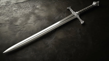 The elegant sword lies flat against a textured dark stone, its polished blade catching the light. Intricate details on the hilt hint at its rich history and craftsmanship, inviting curiosity.の素材