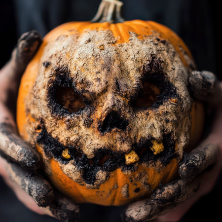 A person holds a uniquely carved pumpkin with a skull-like face, showcasing intricate details and an ominous expression, embodying the spirit of Halloween festivities.の素材