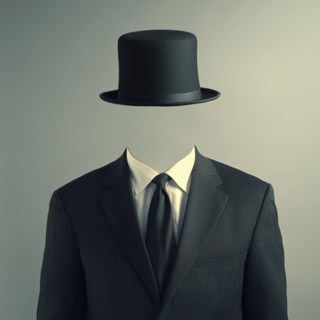 A figure dressed in a formal suit and top hat stands without a visible head, creating an unsettling yet intriguing visual effect that captivates the viewers attention.の素材