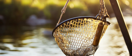 A fishing net rests on a wooden support next to a tranquil river as the sun sets, casting warm golden hues on the water. The scene captures the essence of peaceful outdoor fishing.の素材