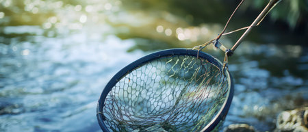 A fishing net lies near the edge of a tranquil river, surrounded by lush greenery. Sunlight sparkles on the waters surface, creating a peaceful atmosphere.の素材