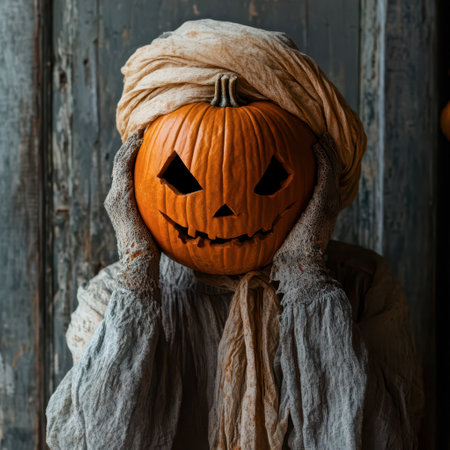 A figure dressed in tattered clothing holds a carved jack-o-lantern, expressing a spooky atmosphere against a weathered wooden backdrop during Halloween festivities.の素材