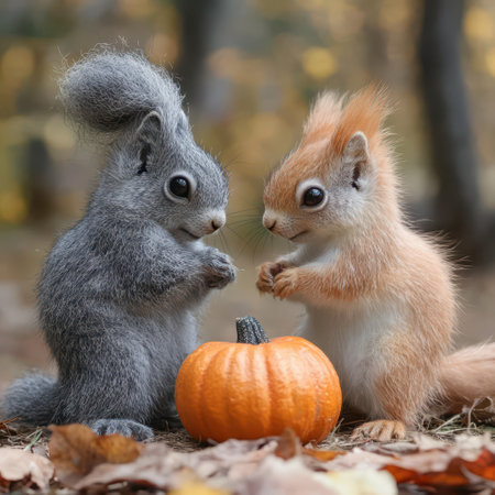 Two adorable squirrels, one gray and one orange, share a moment beside a small pumpkin amidst colorful autumn leaves, showcasing the essence of fall in a serene setting.の素材
