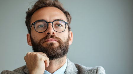 A man with glasses and a beard sits in an office, resting his chin on his hand. He appears deep in thought, reflecting on important concepts in a contemporary environment.の素材