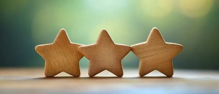 Three rustic wooden star shapes are positioned side by side on a table, beautifully illuminated by soft daylight, creating a warm and inviting atmosphere.の素材