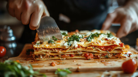 A chef prepares to serve a freshly baked lasagna, expertly slicing through layers of pasta, cheese, and sauce, with fresh herbs and tomatoes nearby on a wooden countertop.の素材