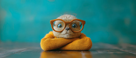 A fluffy cat with big, round glasses leans against a wooden surface, looking adorably curious. The bright background enhances the cats playful charm, making it a delightful sight.の素材
