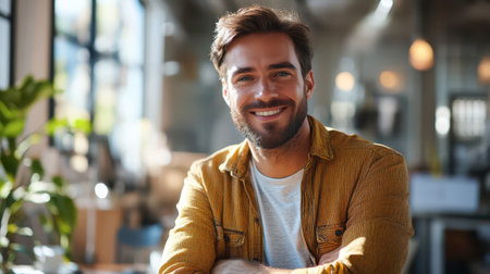A cheerful young man with a beard sits indoors at a cafの素材