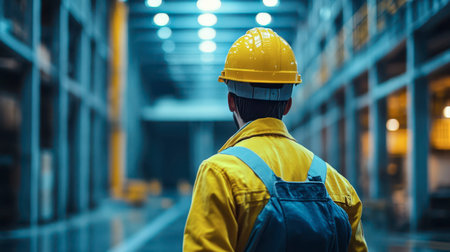 A worker wearing a yellow helmet and reflective gear stands in an industrial warehouse, observing the space. The dim lighting creates a focused atmosphere for inspection or planning.の素材