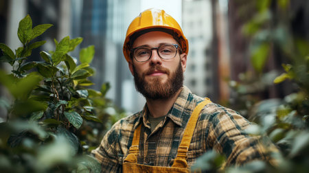 A man wearing a hard hat and glasses stands confidently among vibrant green plants in a city setting, showcasing a blend of urban life and gardening activities.の素材