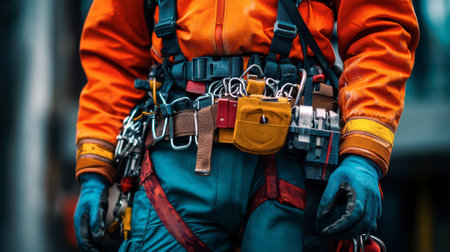A worker dressed in bright safety gear stands ready at a construction site, equipped with various tools and safety harnesses, ensuring preparedness for the upcoming climbing task.の素材