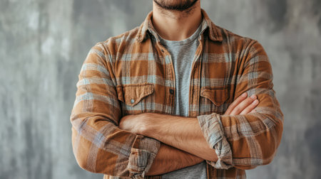 A man stands indoors with a neutral expression, arms crossed across his chest. He wears a plaid flannel shirt and a gray T-shirt. The background is a textured gray wall, creating a casual atmosphere.の素材