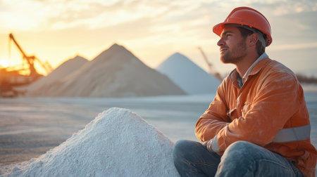 A construction worker sits quietly amid towering mounds of various materials contemplating the days tasks as the sun sets in the background. Dressed in safety gear including an orange helmet and bright work jacket he appears thoughtful amidst a landscape scattered with white and beige heaps. The fading light casts a warm glow enhancing the serene moment set against the backdrop of heavy machinery silhouetted against the horizon.の素材