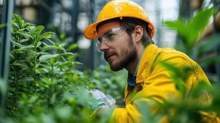 A dedicated young man carefully examines vibrant green plants inside a spacious greenhouse. He wears a bright yellow jacket safety goggles and gloves to ensure his protection while working. Sunlight filters through the glass structure creating an ideal environment for plant growth. The scene captures the mans focused expression as he inspects the foliage highlighting the importance of agricultural practices in nurturing healthy plantsの素材