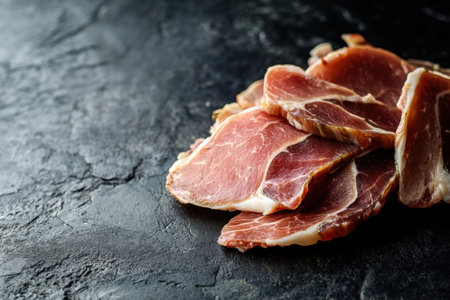 Slices of cured meat are artfully arranged on a dark textured surface showcasing their rich color and marbled texture. The lighting highlights the glistening fat and the deep hues of the meat emphasizing its artisanal quality. This setup creates an inviting atmosphere ideal for gourmet dishes or charcuterie boardsの素材