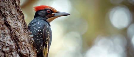 A striking woodpecker with a bright red crest and intricate black and yellow plumage rests on the rough bark of a tree. The birds sharp beak and intense gaze suggest alertness as it surveys its surroundings. Sunlight filters through the leaves casting a warm glow on the creature highlighting its unique markingsの素材