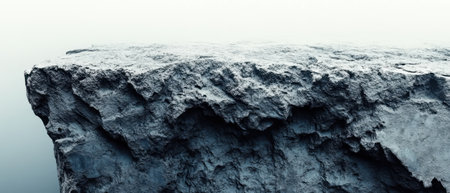 This striking view captures a rugged rock formation with intricate textures and patterns. The light gray surface contrasts beautifully with the soft misty ambiance surrounding it creating a serene atmosphere. The rocky edge juts out prominently showcasing the natural erosion and weathering effects over timeの素材