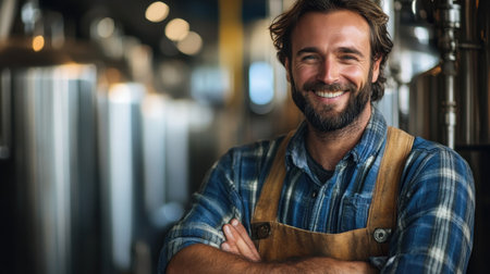 A man with a beard wearing a flannel shirt and apron stands confidently in a bustling brewery. Sunlight filters through the spacious room filled with large brewing tanks creating a warm and inviting atmosphereの素材