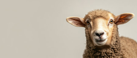 The sheep appears to be inquisitive with its clean and fluffy wool contrasting against a neutral backdrop. Its ears perked up and slight tilt of the head suggest intelligence and curiosity. This indoor setting creates a cozy atmosphere emphasizing the sheeps expressive eyes and friendly demeanor.の素材