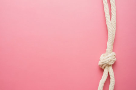 A natural fiber rope is tied into a neat knot positioned against a soft pink backdrop. The contrasting colors highlight the ropes texture and structure creating an aesthetic visualの素材