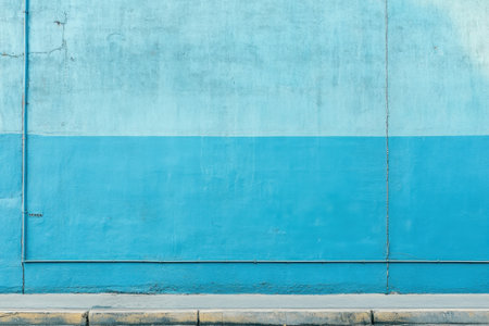A striking blue wall dominates the scene showcasing a gradient from a deeper hue at the top to a lighter shade at the bottom. The smooth surface contrasts beautifully with the adjacent sidewalk which is lined with subtle textures and colorsの素材