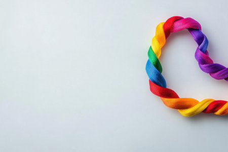 A vibrant multi colored ribbon is intricately braided into the shape of a heart showcasing bright shades of red orange yellow green blue and purple. The ribbon rests on a smooth light background symbolizing connection and inclusivenessの素材