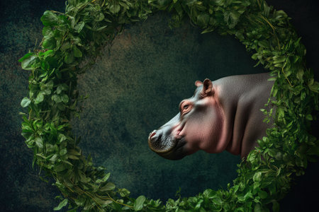 A hippo is depicted in profile its features highlighted by soft lighting. Framed by an arrangement of verdant leaves the scene exudes tranquility and natural beautyの素材