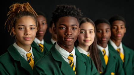 A group of students stands together dressed in formal green blazers and yellow ties showcasing diversity and unity in a school setting.の素材