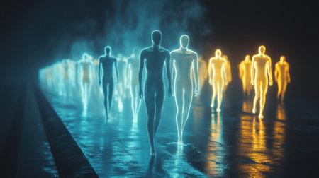 Figures illuminated in blue and orange hues walk along a reflective surface in a dim urban setting creating an ethereal atmosphere.の素材