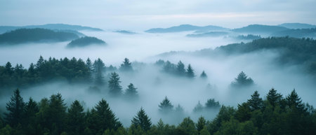 A serene morning view reveals mist enveloping forested hills creating a tranquil and ethereal atmosphere across the landscape.の素材