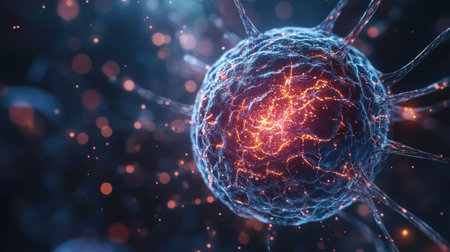 A vibrant cell floats in a dark environment showcasing luminous fibers and connecting structures illustrating cellular activity and complexity.の素材