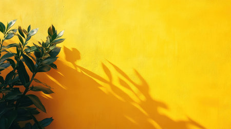 A vibrant yellow wall features the shadow of a lush green plant stretching across its surface creating a lively contrast.の素材