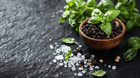 A bowl of black peppercorns sits next to fresh basil leaves and coarse salt on a textured dark surface enhancing culinary creativity.の素材